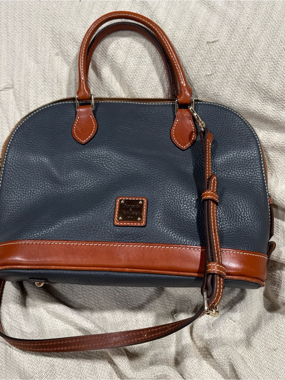 Dooney & Bourke Navy with Brown Trim Pebbled Leather Satchel